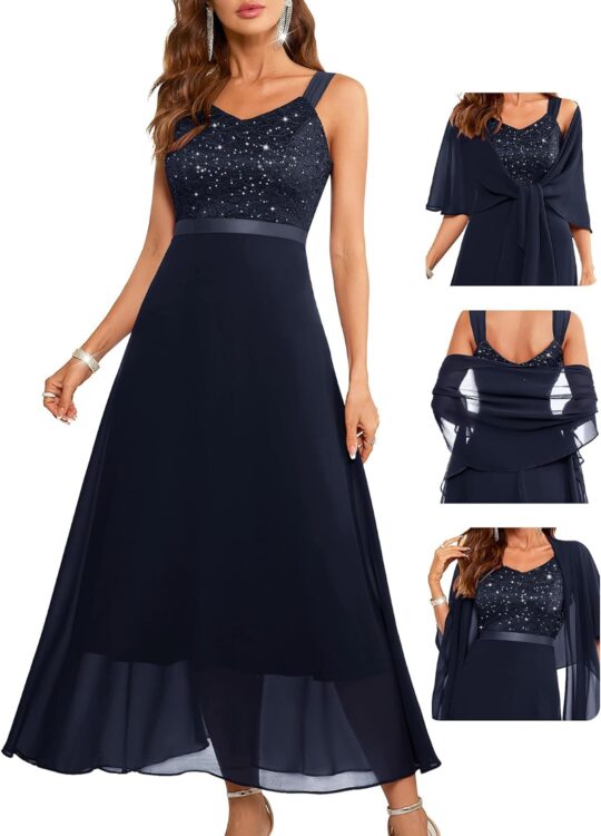Women Sequin Formal Cocktail Evening Long Wedding Mother Dress