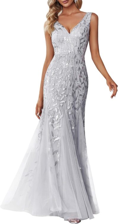 Women's Sequin Mermaid Double V-Neck Sleeveless Formal Dress