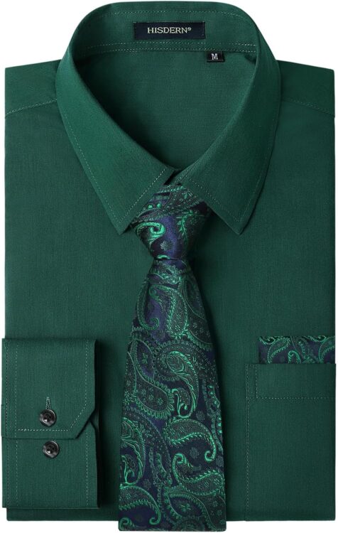 Mens Dress Shirt with Tie Pocket Square Set Classic Button Down