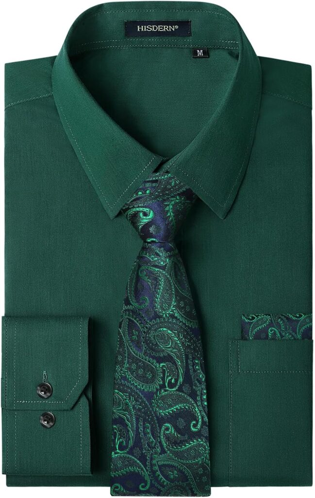 Mens Dress Shirt with Tie Pocket Square Set Classic Button Down
