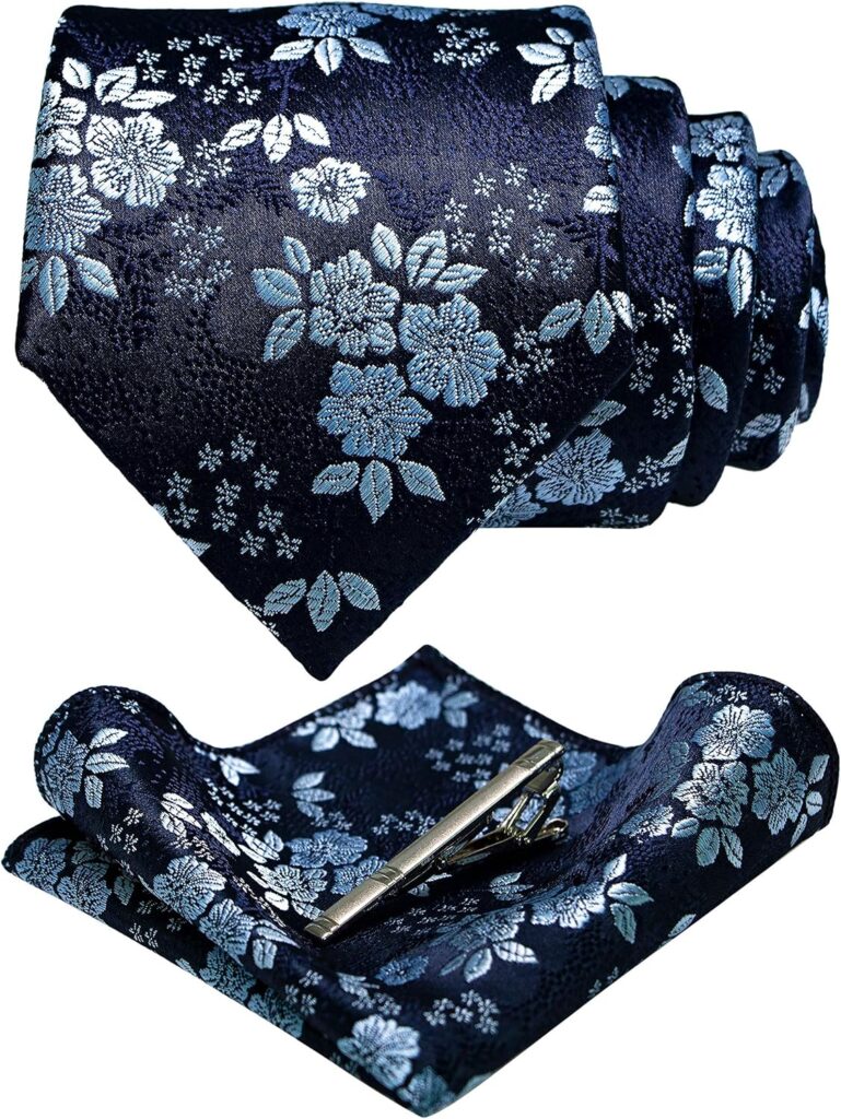 Floral Necktie and Pocket Square Tie Clip Sets for Men