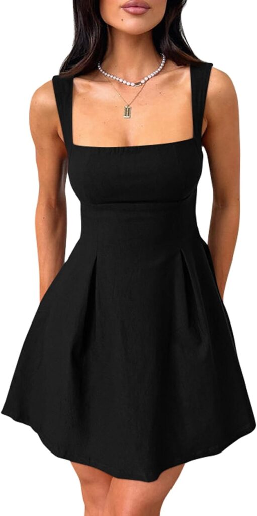 Women's Sleeveless Square Neck Bow Tie A-line Mini Dress