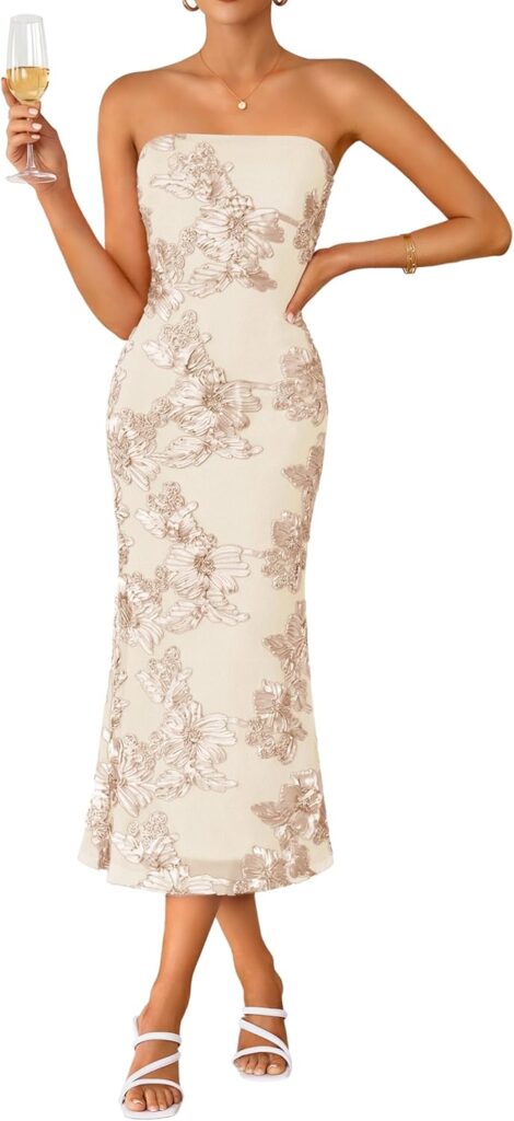 2026 Summer Strapless Floral Cocktail Wedding Guest Dress for